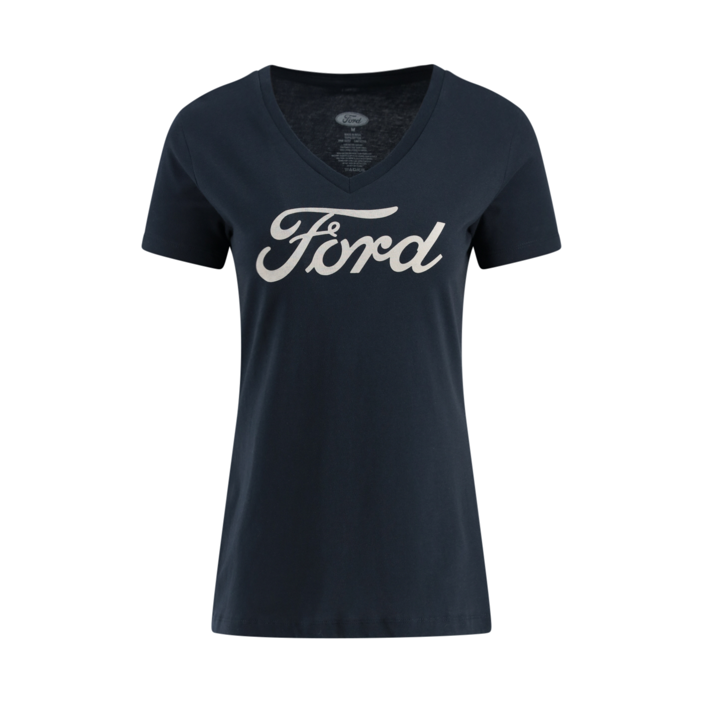 Ford Script Logo Navy Blue Womens V Neck T-Shirt