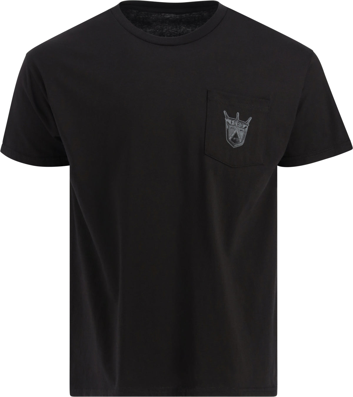A gray Ford Genuine Parts Men's Pocket T-Shirt with a crew neckline and a left chest pocket featuring a white Ford logo.
