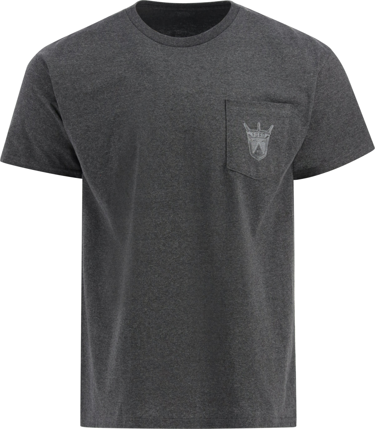 A gray Ford Genuine Parts Men's Pocket T-Shirt with a crew neckline and a left chest pocket featuring a white Ford logo.