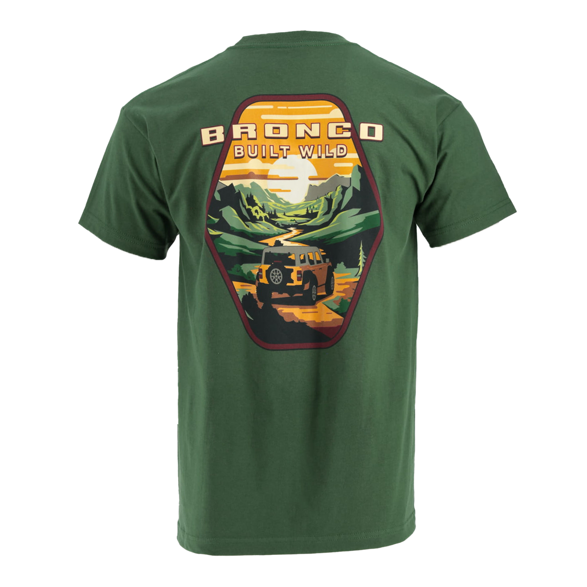 A green short-sleeved T-shirt with a graphic print on the back showing a vintage design with a Ford Bronco vehicle in a outdoor setting.