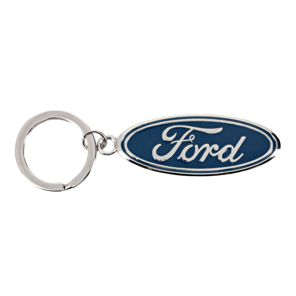 Oval Ford keychain with blue enamel background and the Ford script logo in the center, attached to a round split key ring.