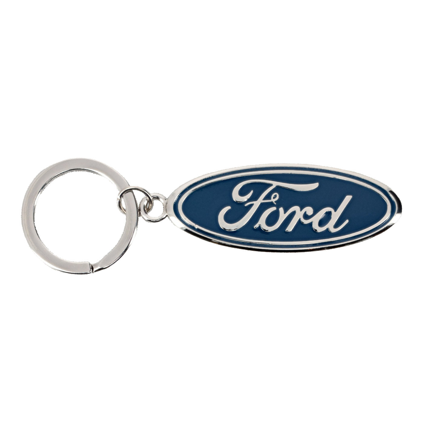 Oval Ford keychain with blue enamel background and the Ford script logo in the center, attached to a round split key ring.