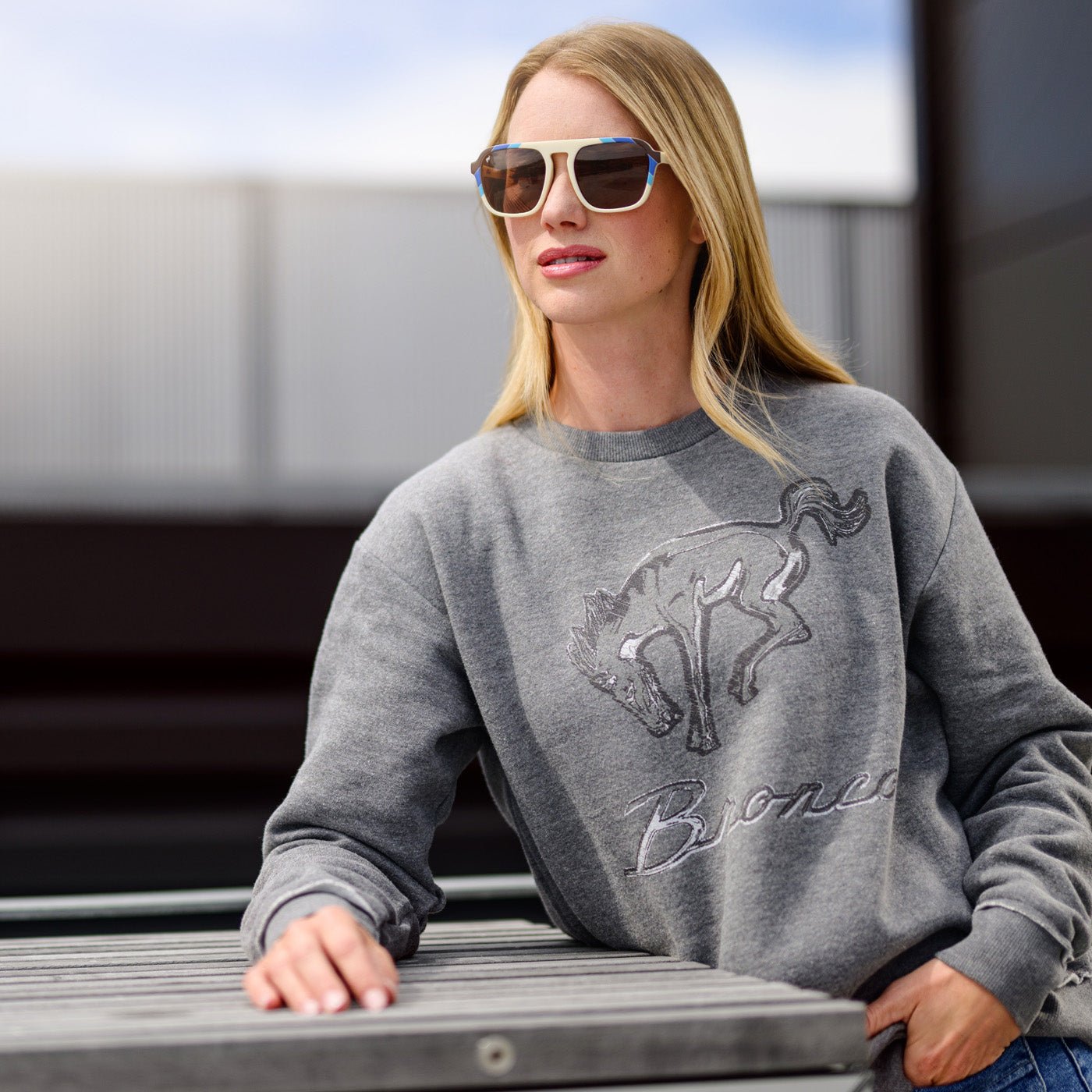 Ford Bronco Womens Gray Relaxed Fleece Crewneck Sweatshirt