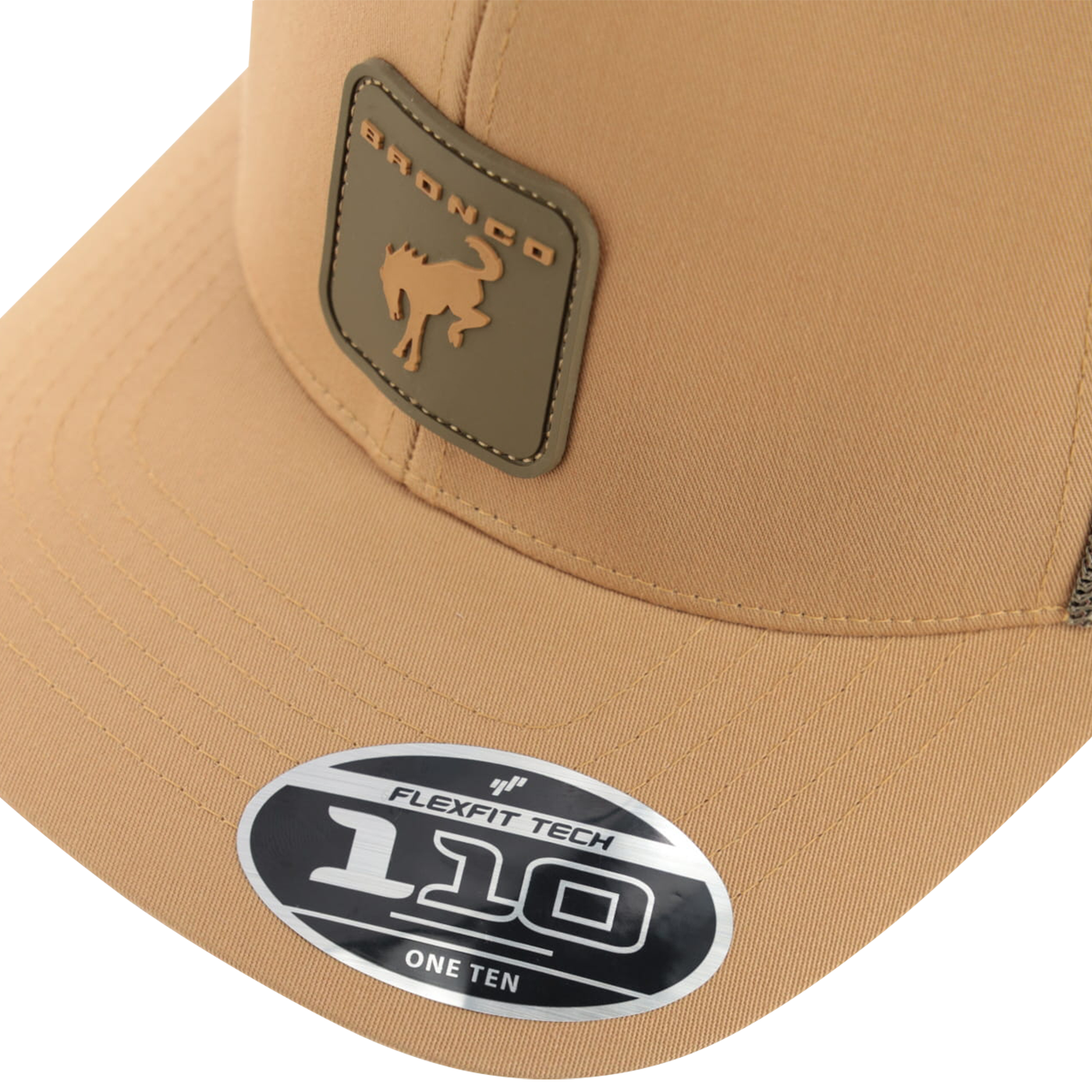 Beige cap with Bronco logo and Flexfit Tech label on a white background