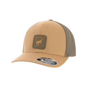 Tan and brown trucker cap with mesh back on a white background
