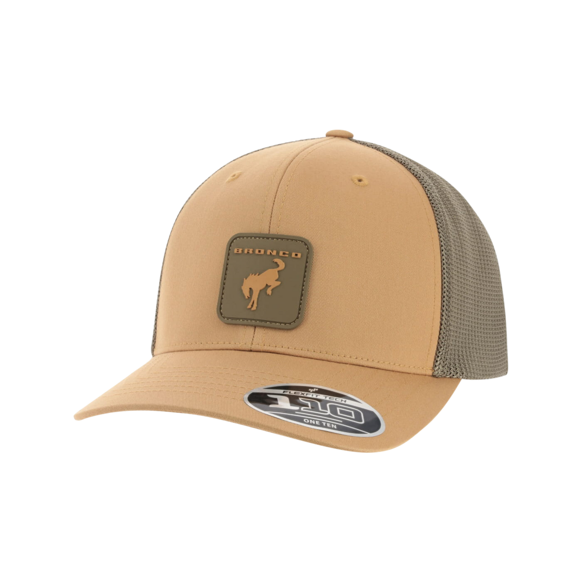 Tan and brown trucker cap with mesh back on a white background