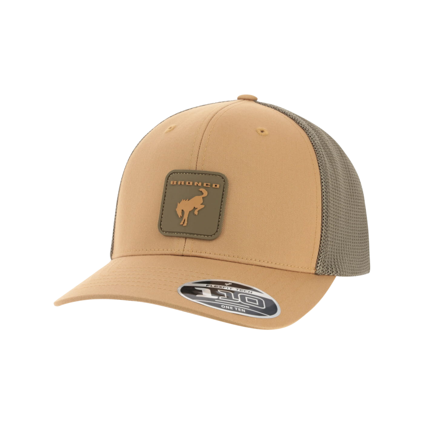 Tan and brown trucker cap with mesh back on a white background