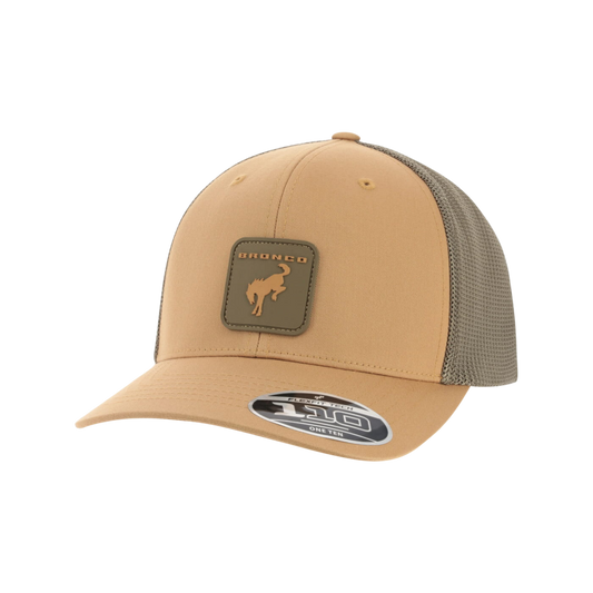 Tan and brown trucker cap with mesh back on a white background