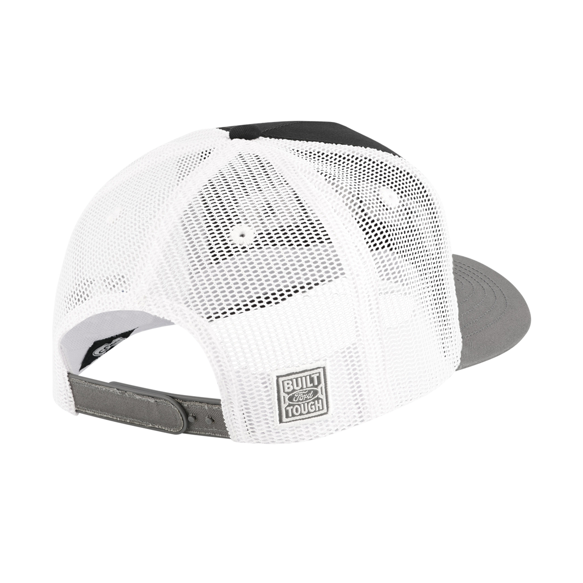 back of white mesh snapback hat with built ford tough gray silicone badge