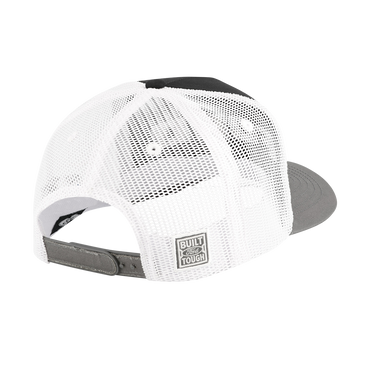 back of white mesh snapback hat with built ford tough gray silicone badge