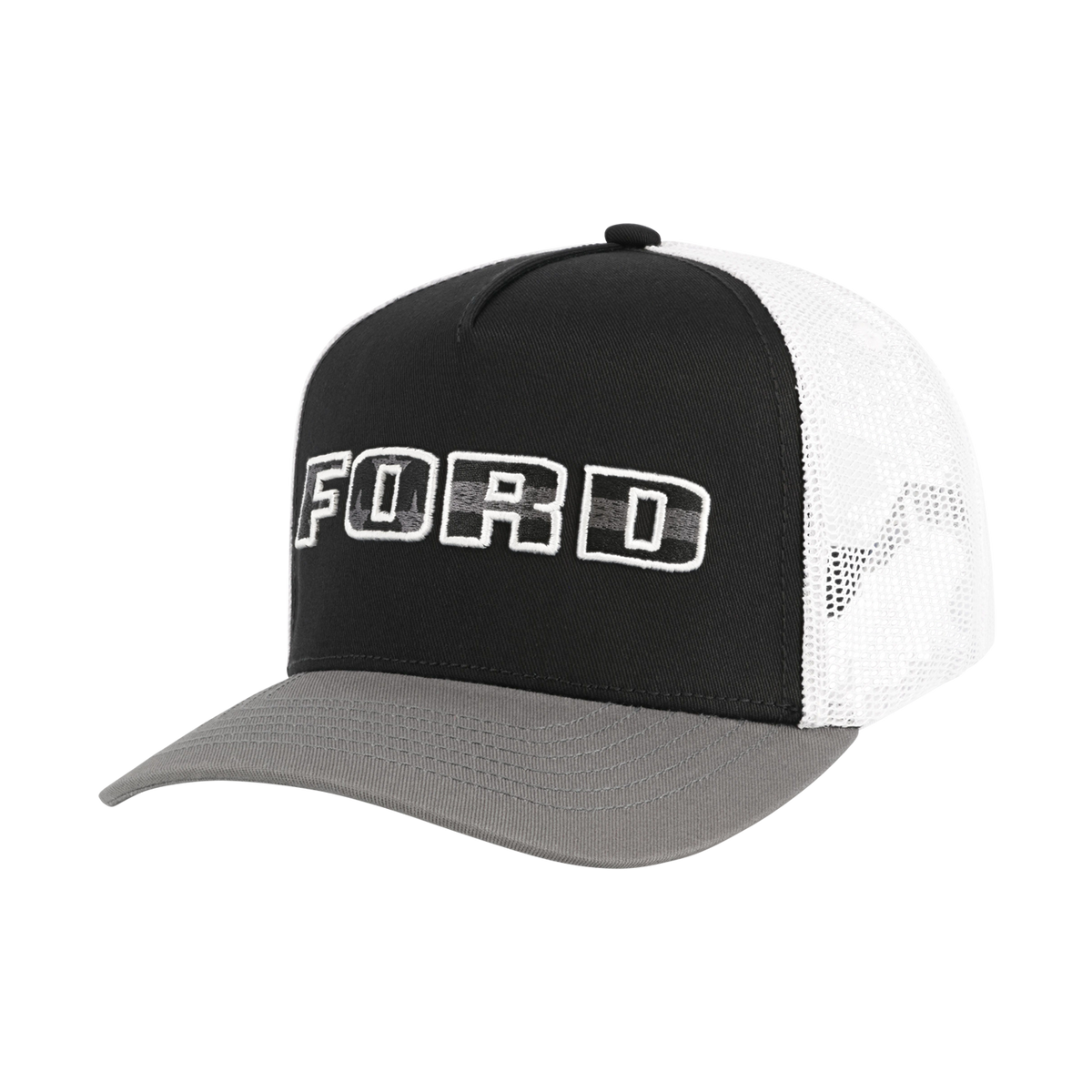 block letter FORD on black panel with white mesh back hat and gray bill