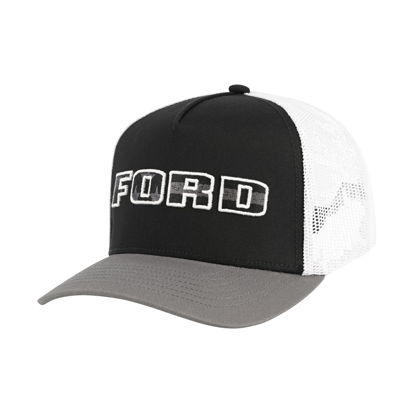 block letter FORD on black panel with white mesh back hat and gray bill