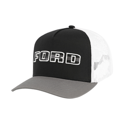 block letter FORD on black panel with white mesh back hat and gray bill