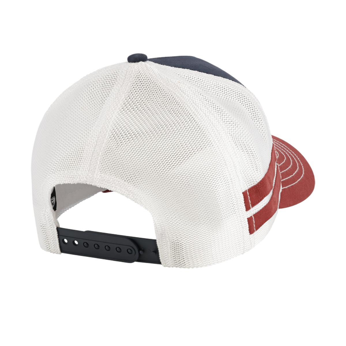 white mesh back of snapback hat with red stripes