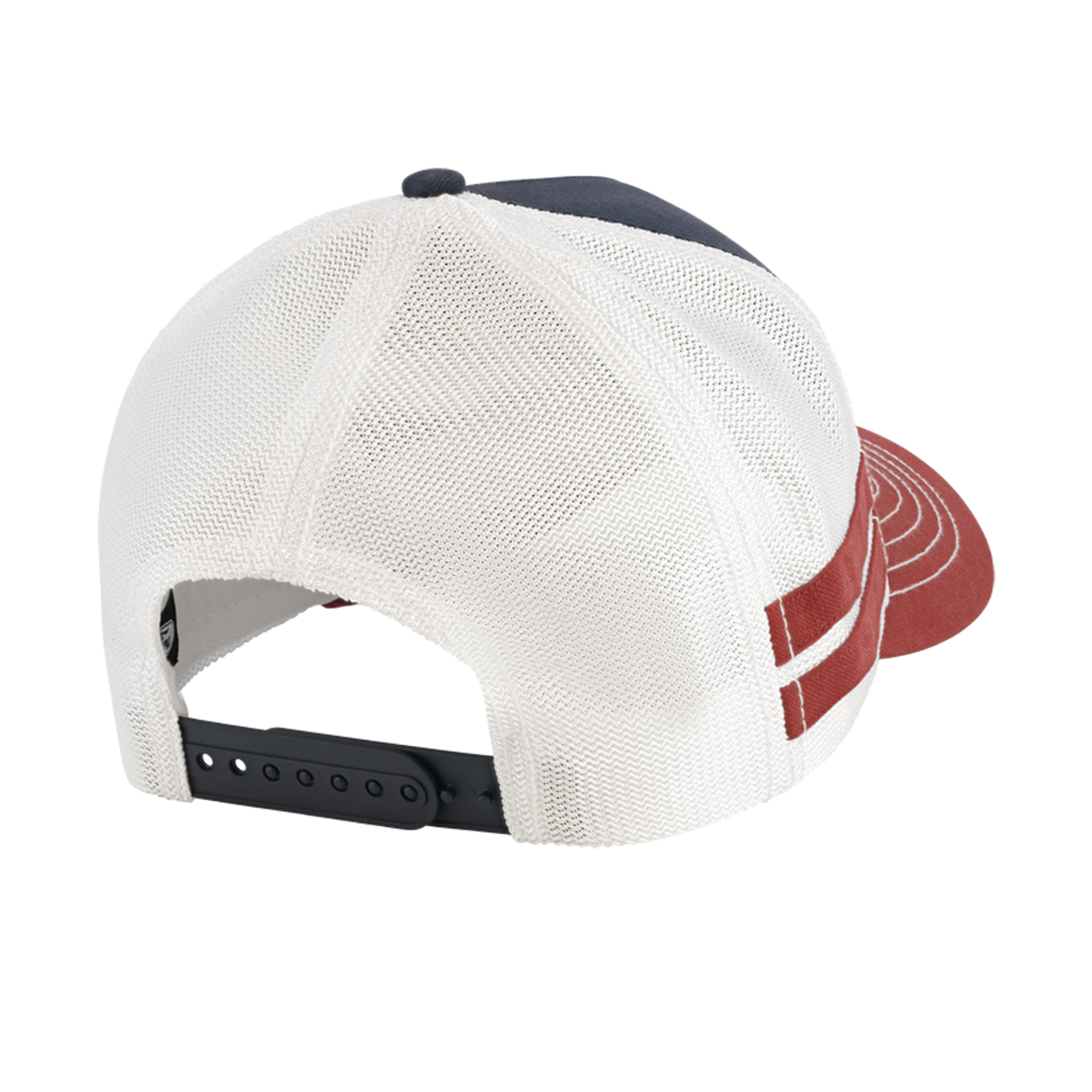 white mesh back of snapback hat with red stripes