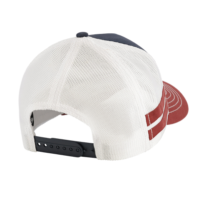 white mesh back of snapback hat with red stripes
