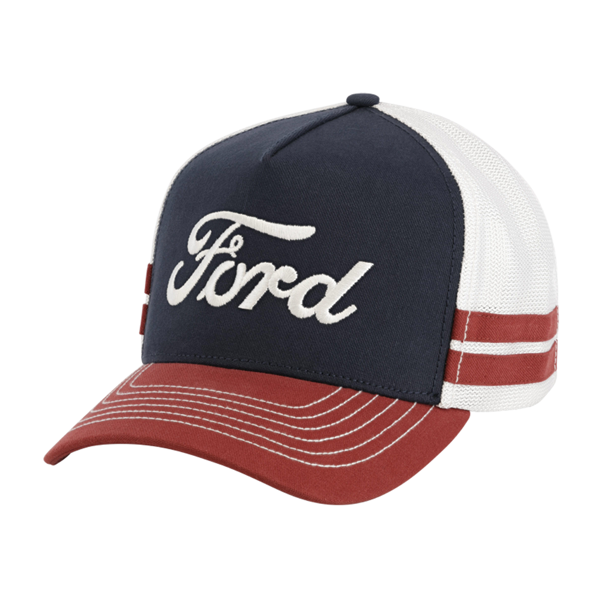 red white and blue hat with red stripes white mesh back and white ford script on navy blue front panel