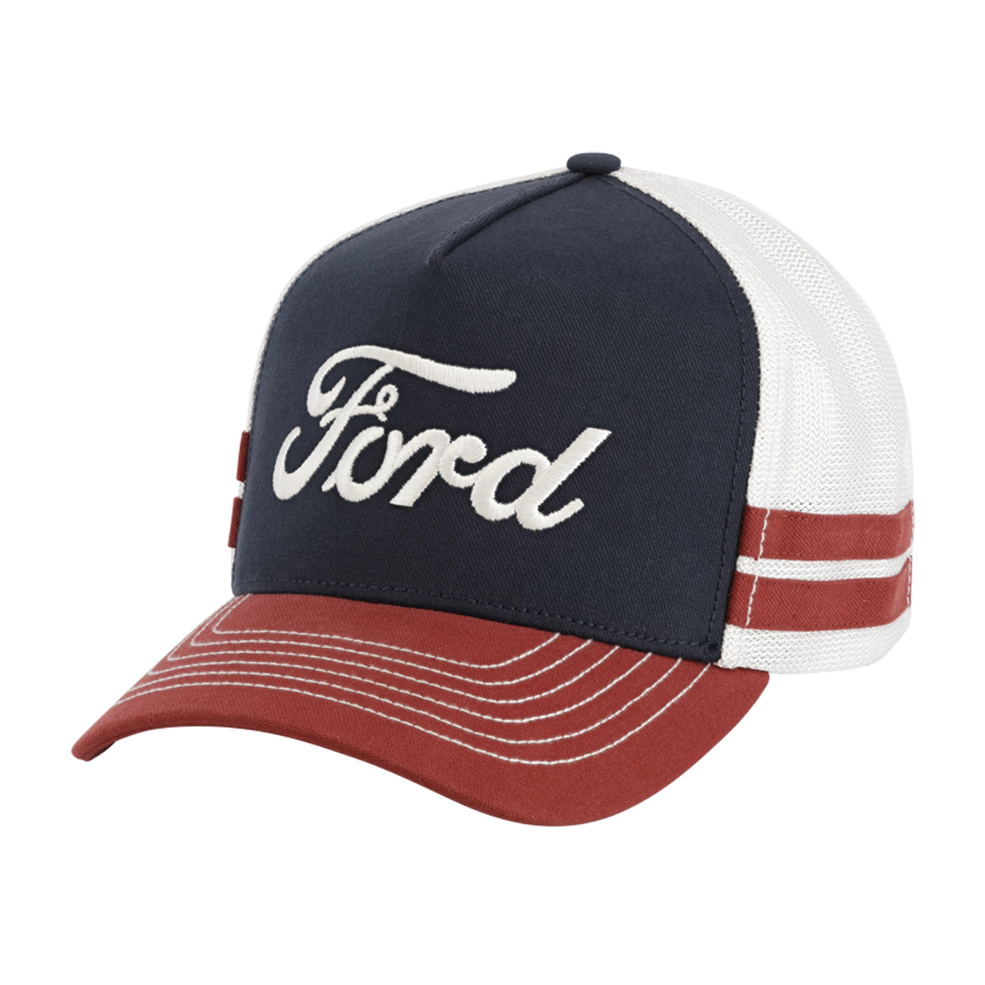 red white and blue hat with red stripes white mesh back and white ford script on navy blue front panel