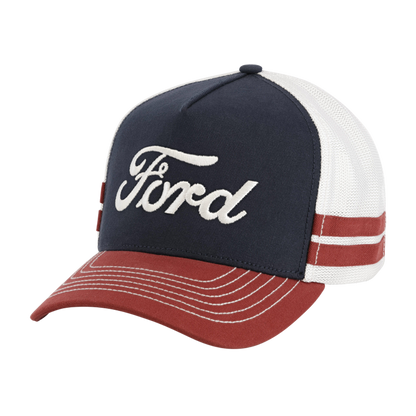 red white and blue hat with red stripes white mesh back and white ford script on navy blue front panel
