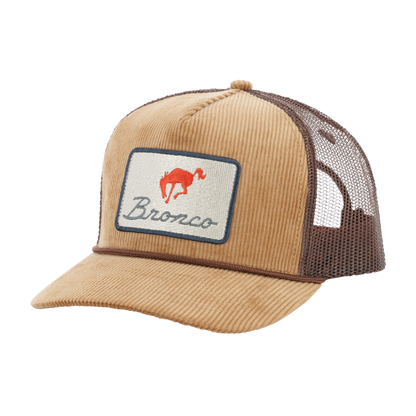Beige trucker hat with brown mesh back and 'Bronco' logo on a white background