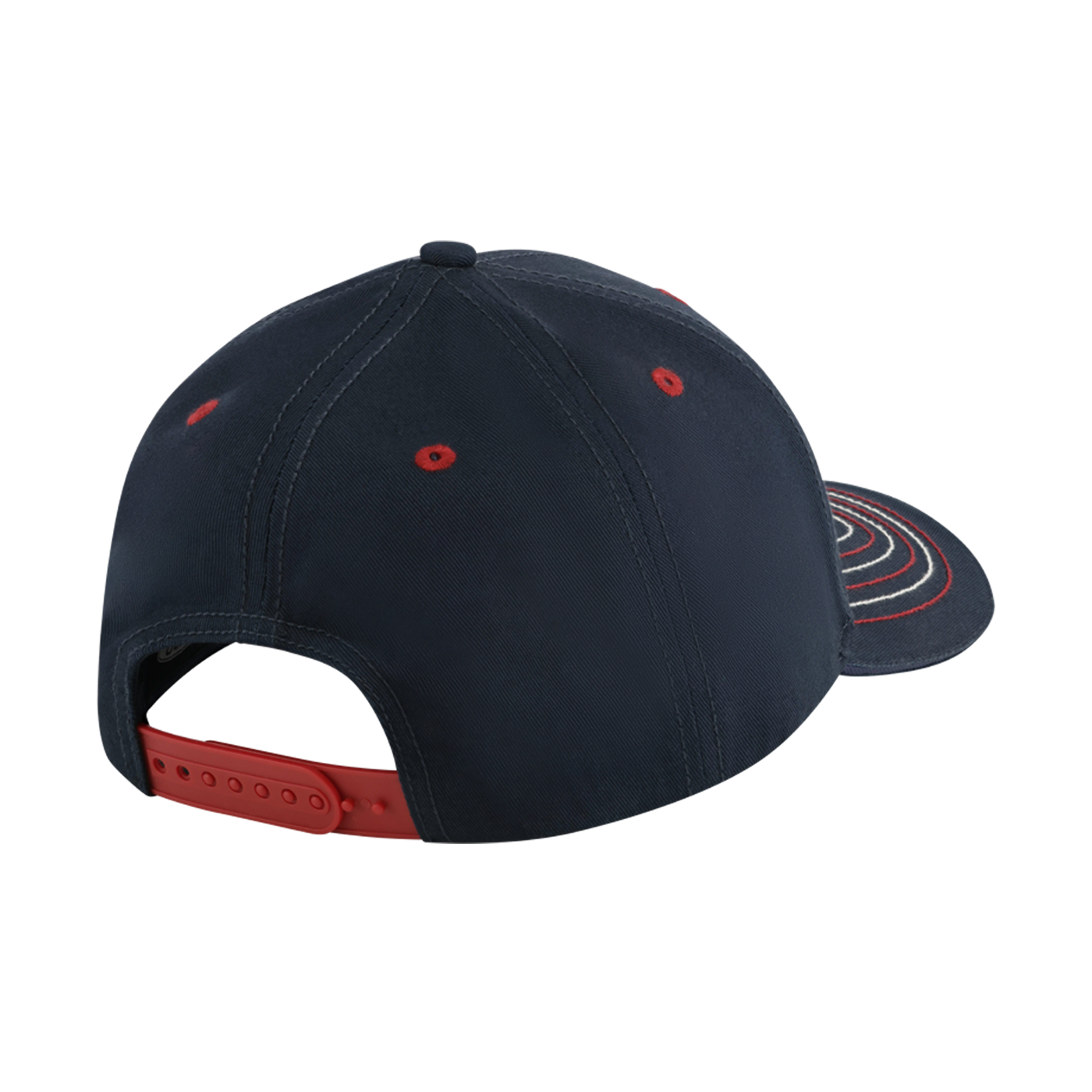 back of red white and blue hat with red snapback closure
