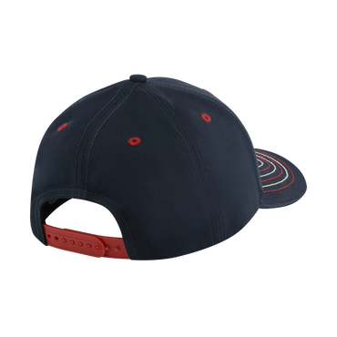 back of red white and blue hat with red snapback closure