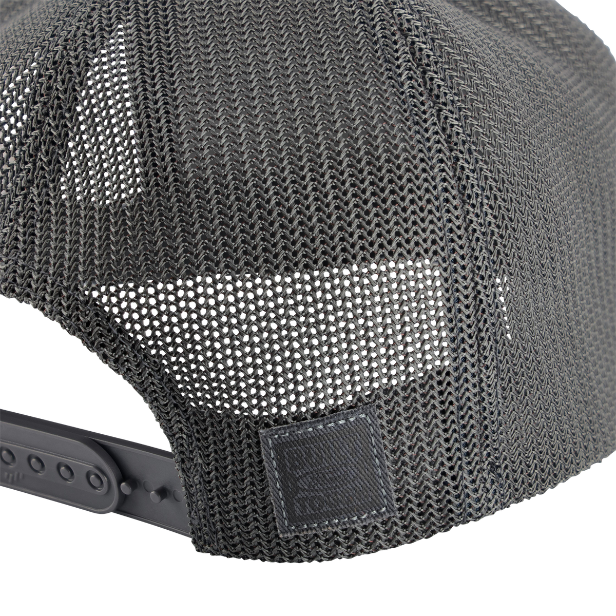 Close-up of a gray mesh cap with a brand logo on a white background