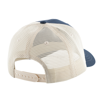 Back view of a beige mesh cap with a blue bill on a white background
