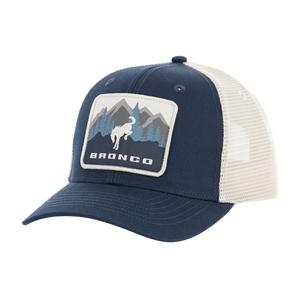 Navy and white hat with a mountain logo and 'Bronco' text on a white background