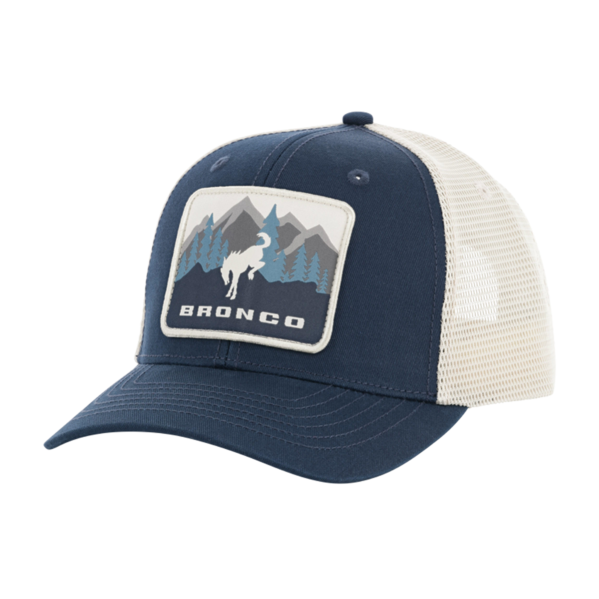 Navy and white hat with a mountain logo and 'Bronco' text on a white background