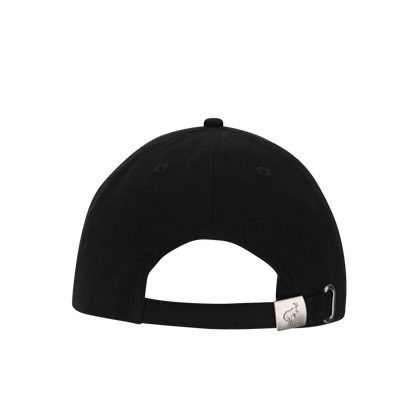 Black baseball cap with a brand logo on the back on a white background