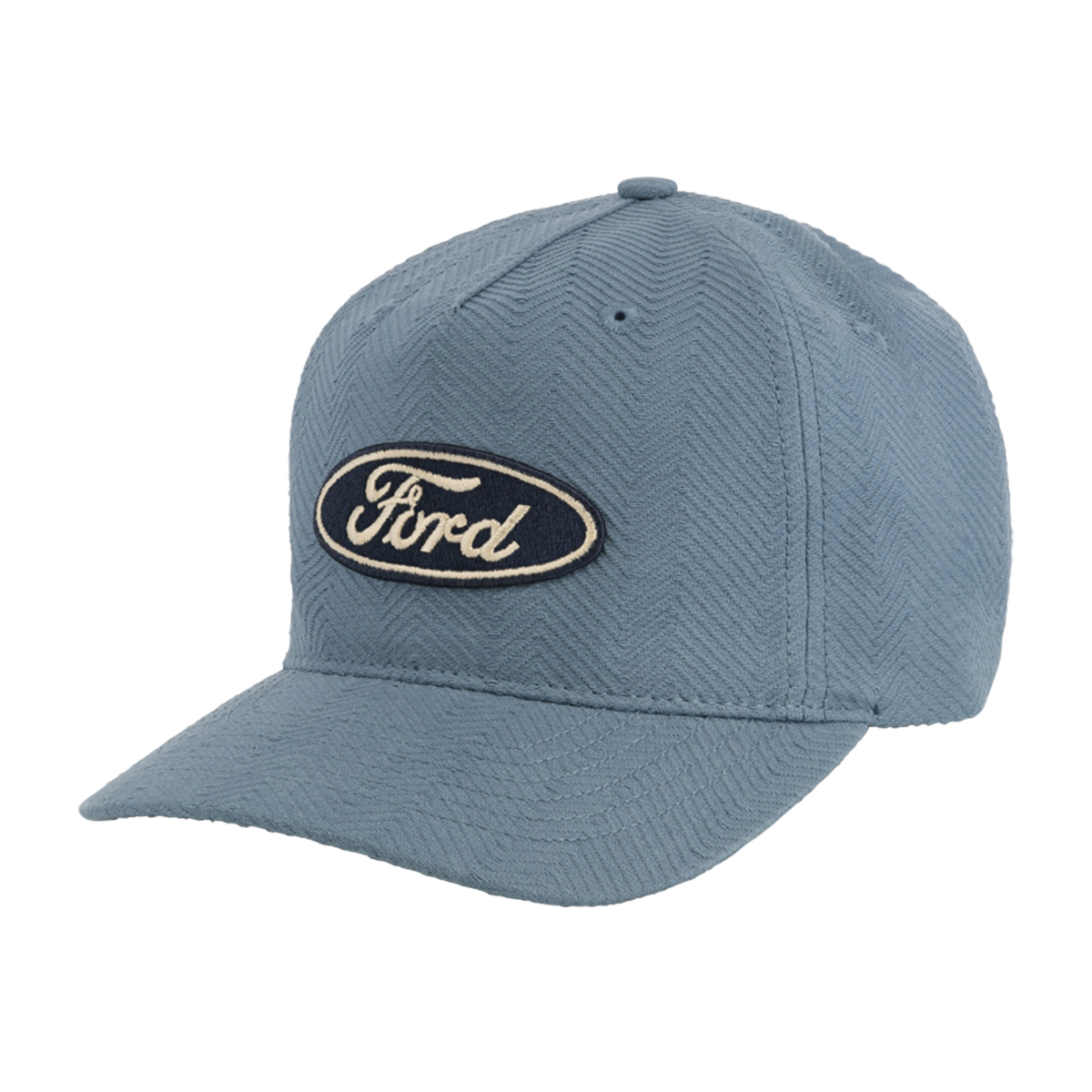 light blue chevron textured hat with navy blue oval and white ford script patch