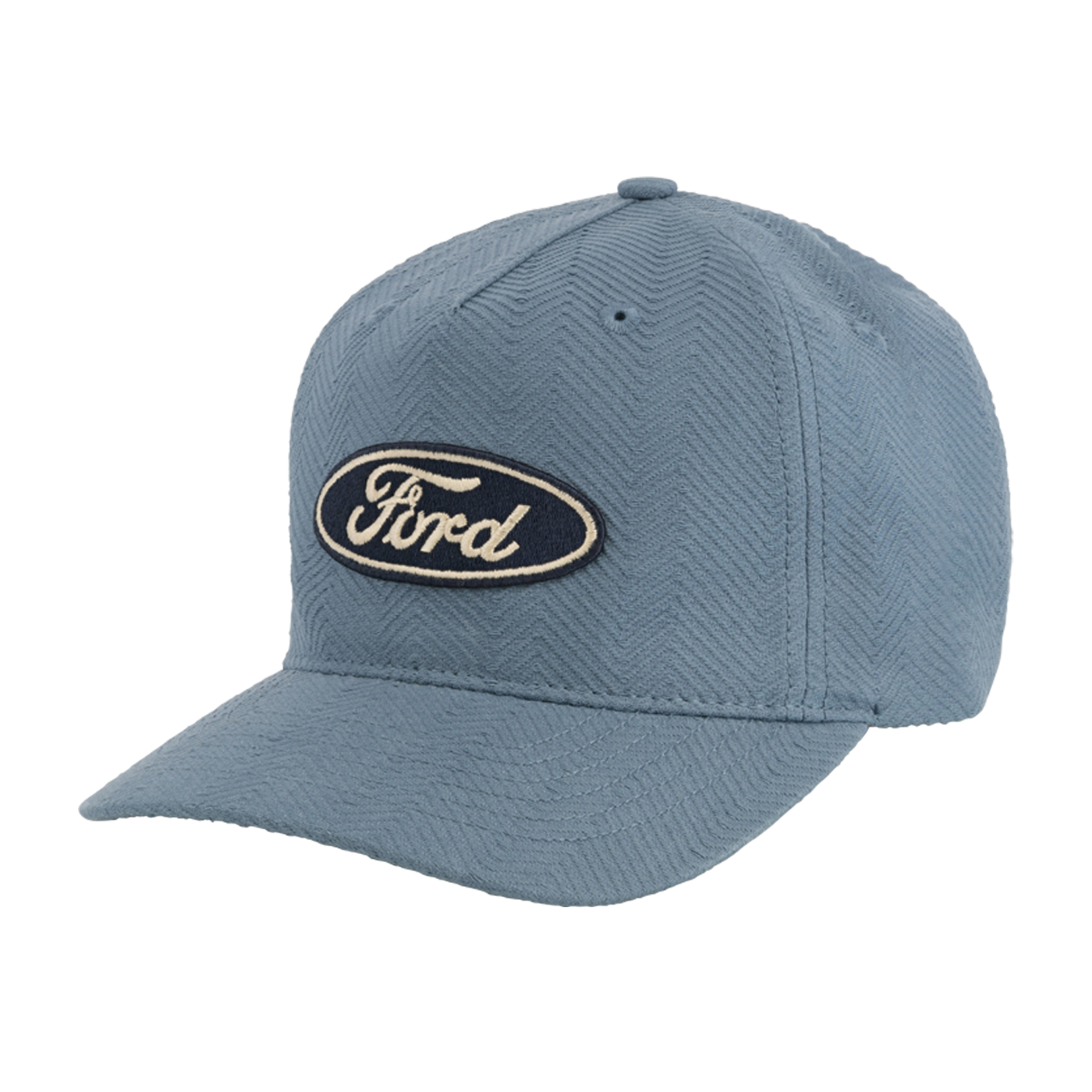 light blue chevron textured hat with navy blue oval and white ford script patch