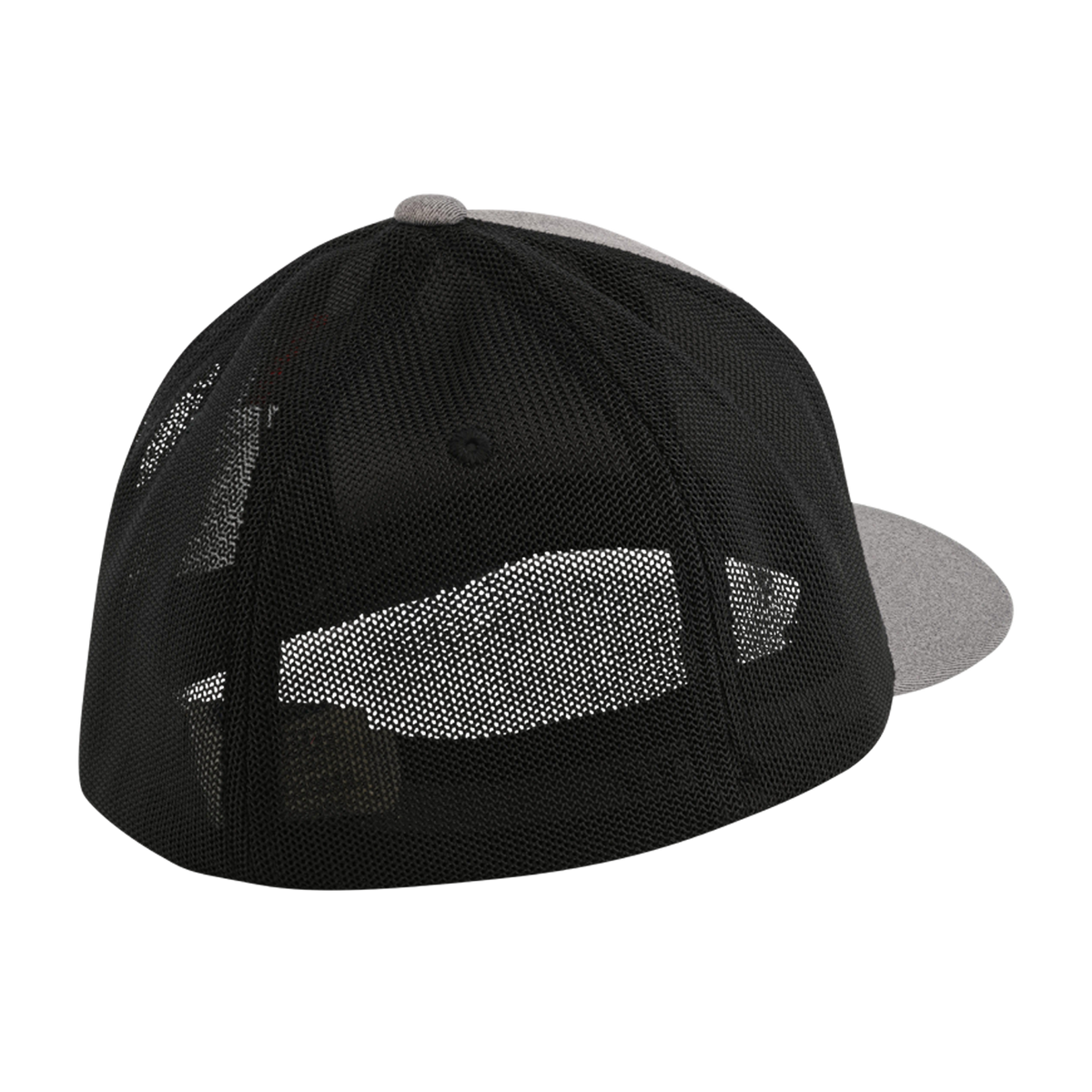 Black and gray cap with mesh design on a white background