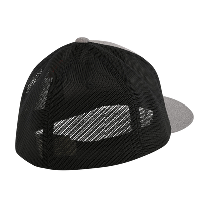 Black and gray cap with mesh design on a white background