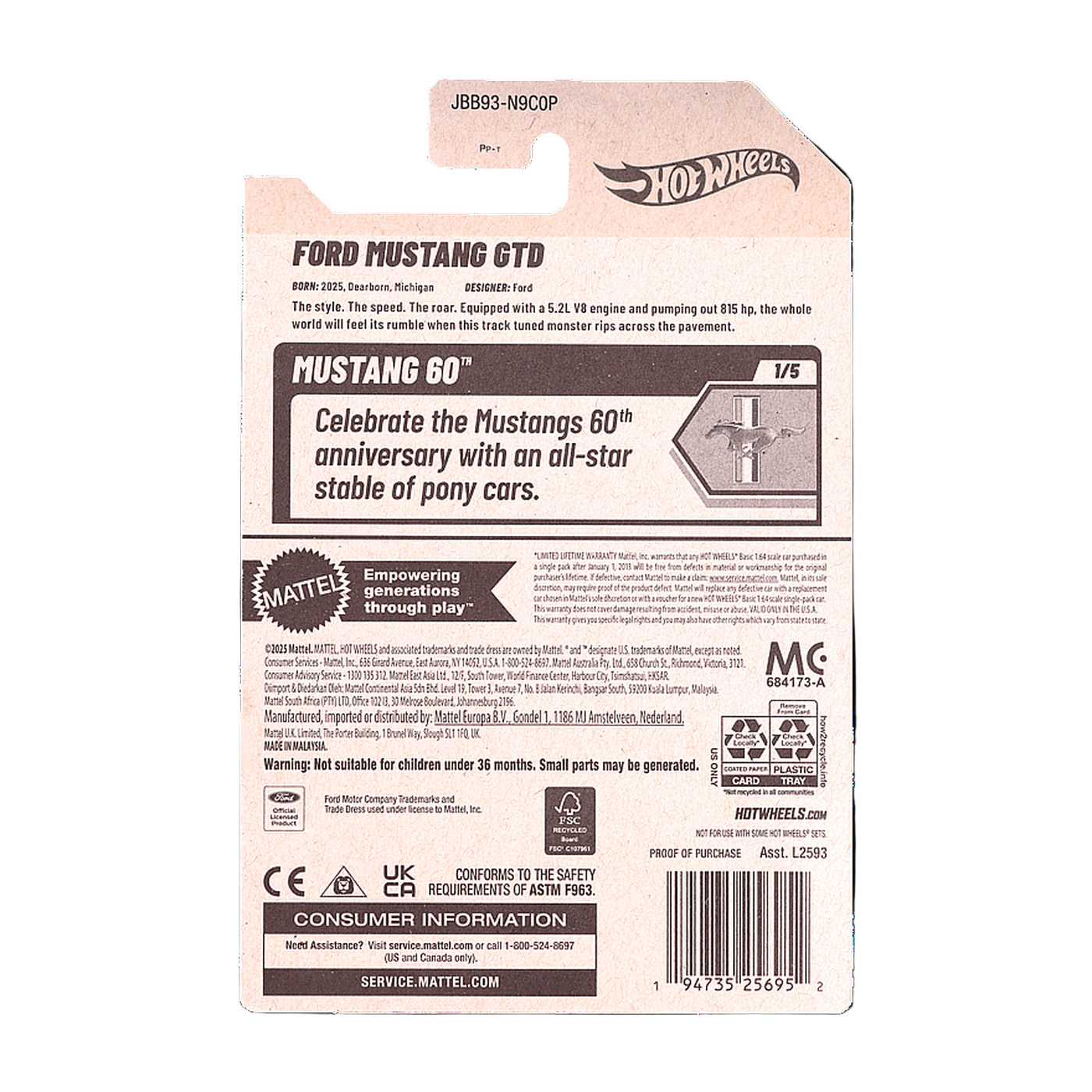 Hot Wheels Ford Mustang GTD packaging with branding and product details on a black background