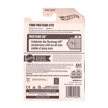 Hot Wheels Ford Mustang GTD packaging with branding and product details on a black background