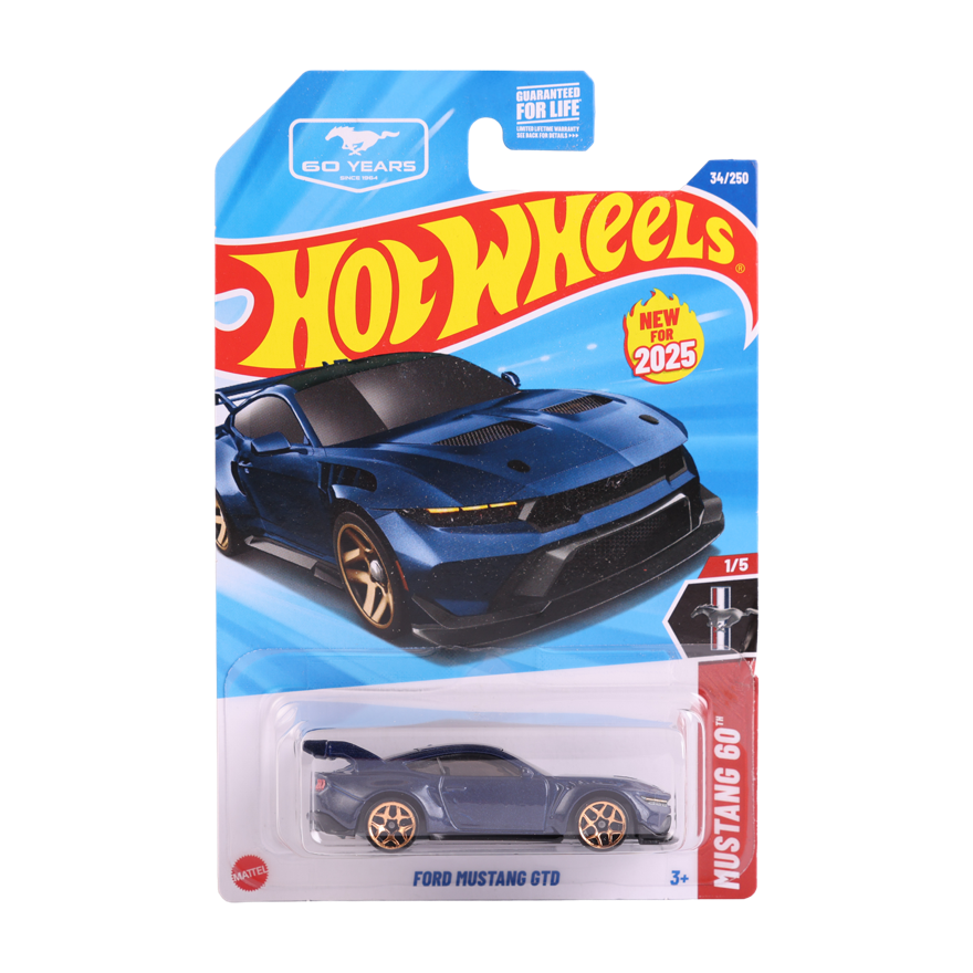 Hotwheels ford mustang 60 years toy car from Mattel in packaging on white background