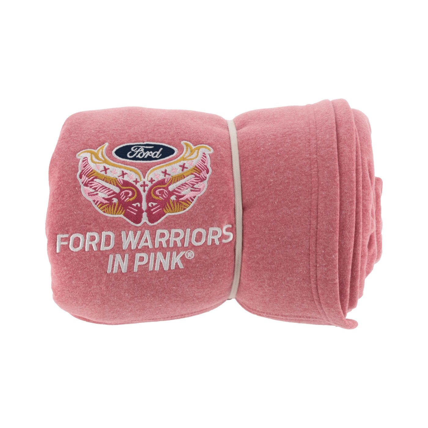 A folded pink blanket with the 'Ford Warriors in Pink' logo on it, wrapped with a band that has the same logo.
