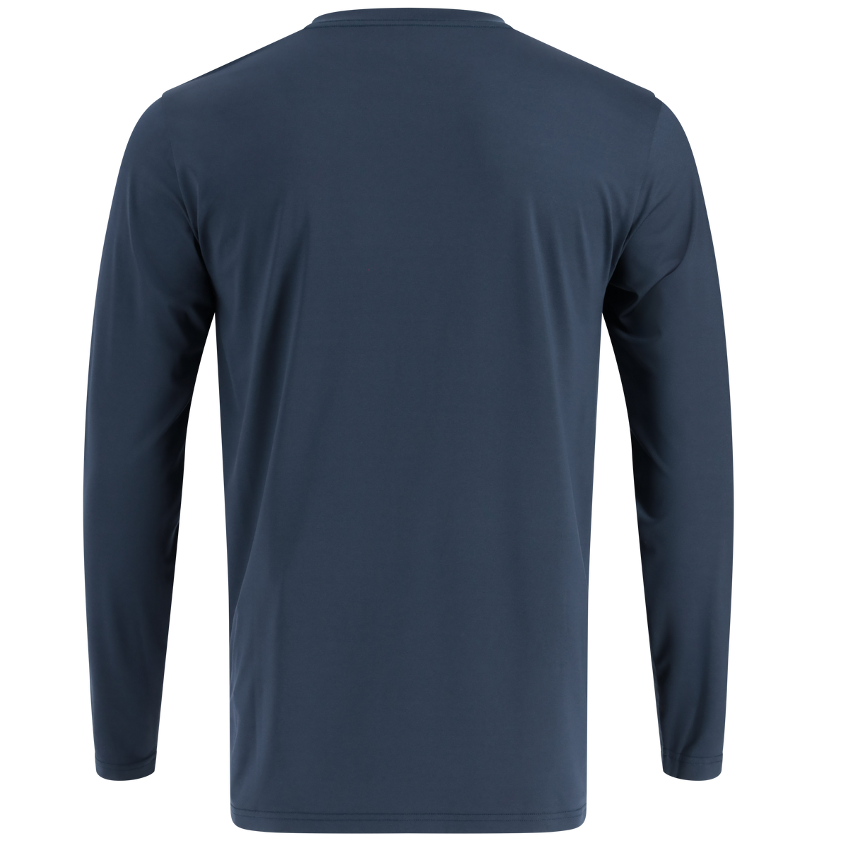 back of a navy blue long sleeve shirt on a white background