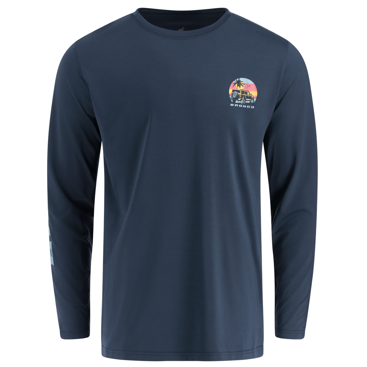 A navy blue, long-sleeved T-shirt featuring a Bronco beach graphic on the chest.