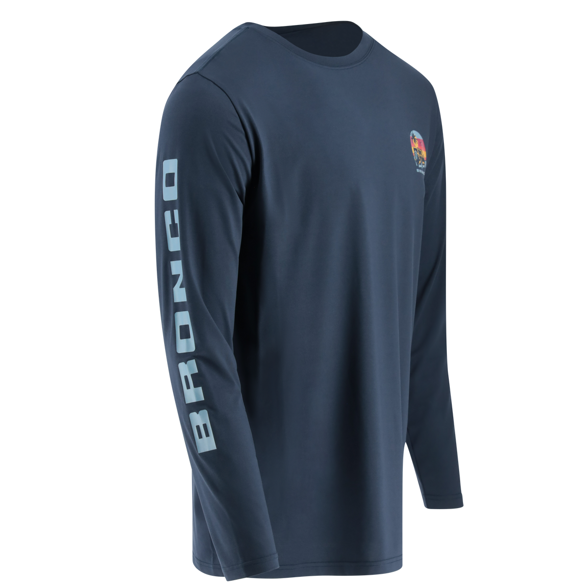 navy blue long sleeve shirt with blue bronco text on the left sleeve