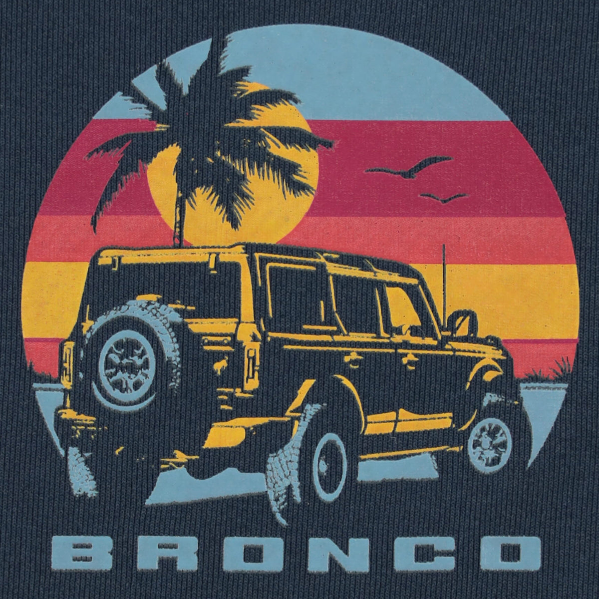 close up of a beach graphic with palm trees a yellow Bronco SUV and blue Bronco text