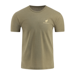 Olive green t-shirt with a logo on the chest against a white background