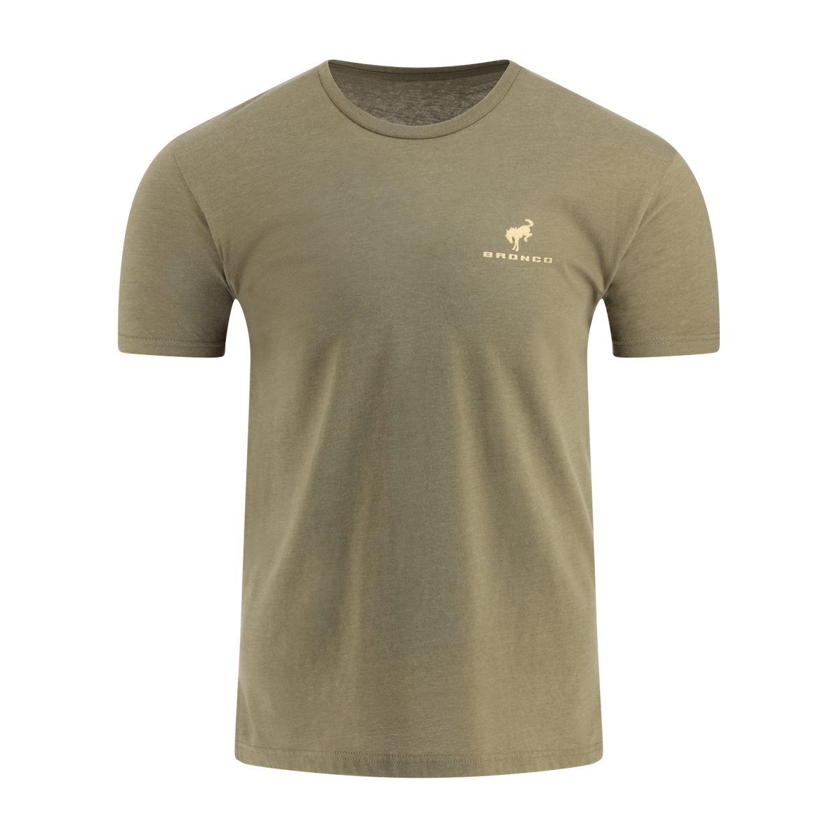 Olive green t-shirt with a logo on the chest against a white background