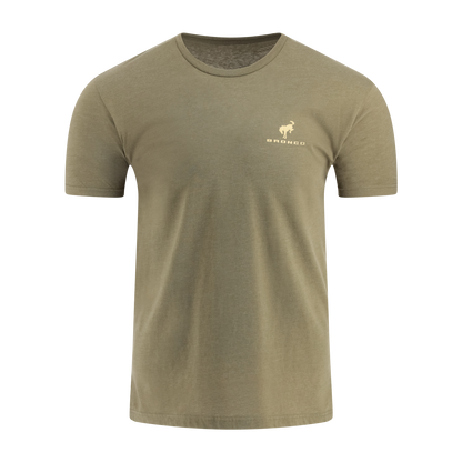 Olive green t-shirt with a logo on the chest against a white background