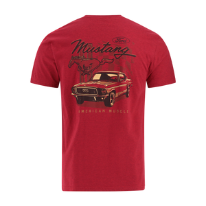 Red t-shirt with Ford Mustang graphic on a white background