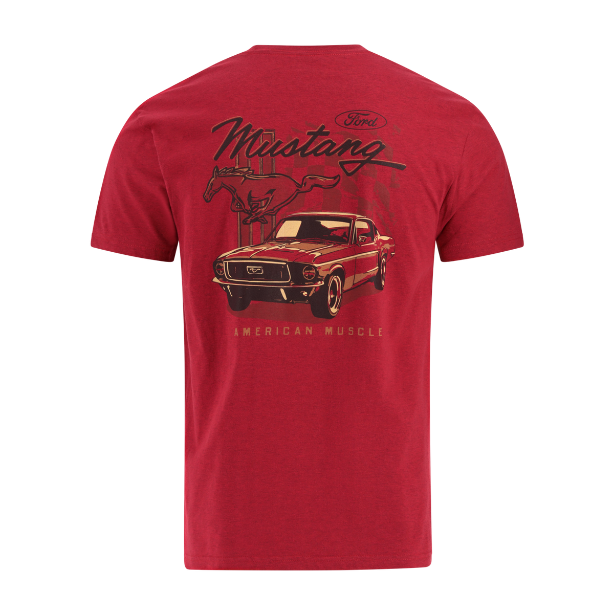 Red t-shirt with Ford Mustang graphic on a white background