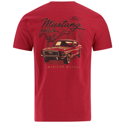 A red Ford Mustang Men's American Muscle T-Shirt with a graphic print of a classic Ford Mustang car on the front.