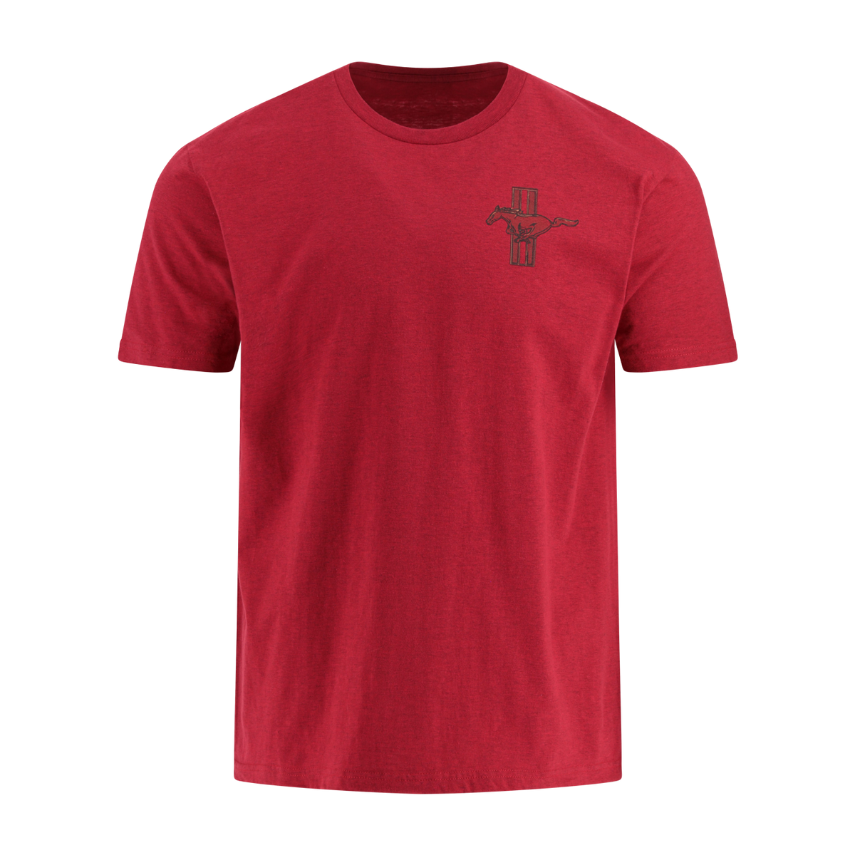 Red t-shirt with a small logo on the chest against a white background